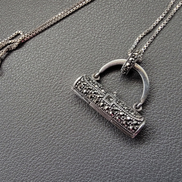 925 Marcasite Purse Pendant Necklace | 925 Italy Chain | Hinged Openwork Design - Picture 5 of 8
